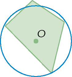 Figura geométrica. Circunferência de centro O. Quase totalmente dentro, quadrilátero com 3 vértices pertencentes à circunferência e 1 vértice externo a ela.