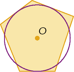 Figura geométrica. Circunferência de centro O. Quase totalmente fora, pentágono com 3 lados tangentes à circunferência.