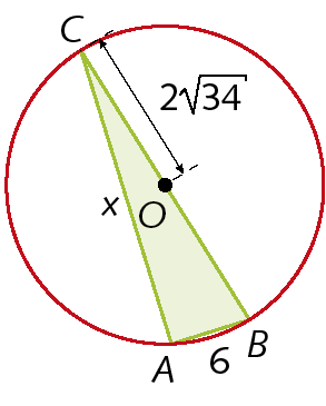 Figura geométrica. Circunferência de centro O. Dentro, triângulo ABC inscrito à circunferência. Ponto O pertence ao lado BC do triângulo. O lado AB mede 6, o lado AC mede X e a distância de C até O mede 2 raiz de 34.