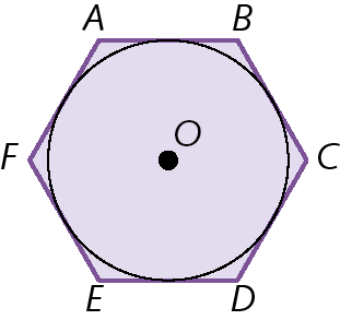 Figura geométrica. Circunferência de centro O. Fora, hexágono ABCDEF com os lados tangentes à circunferência.