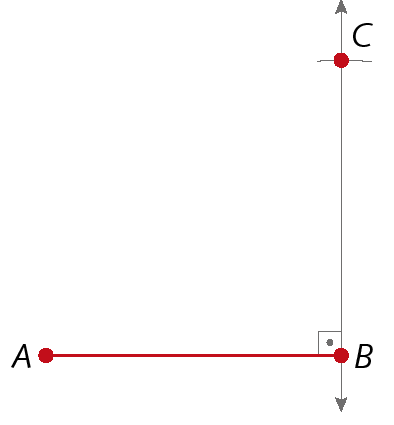 Figura geométrica. Segmento de reta AB. Reta BC perpendicular a AB. Marcação de arco no ponto C, de modo que BC igual a AB.