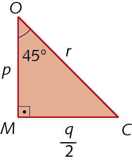 Figura geométrica. Triângulo OMC com ângulo reto em M. COM mede 45 graus. Lado OC mede R, lado OM mede P e lado CM mede fração Q sobre 2.
