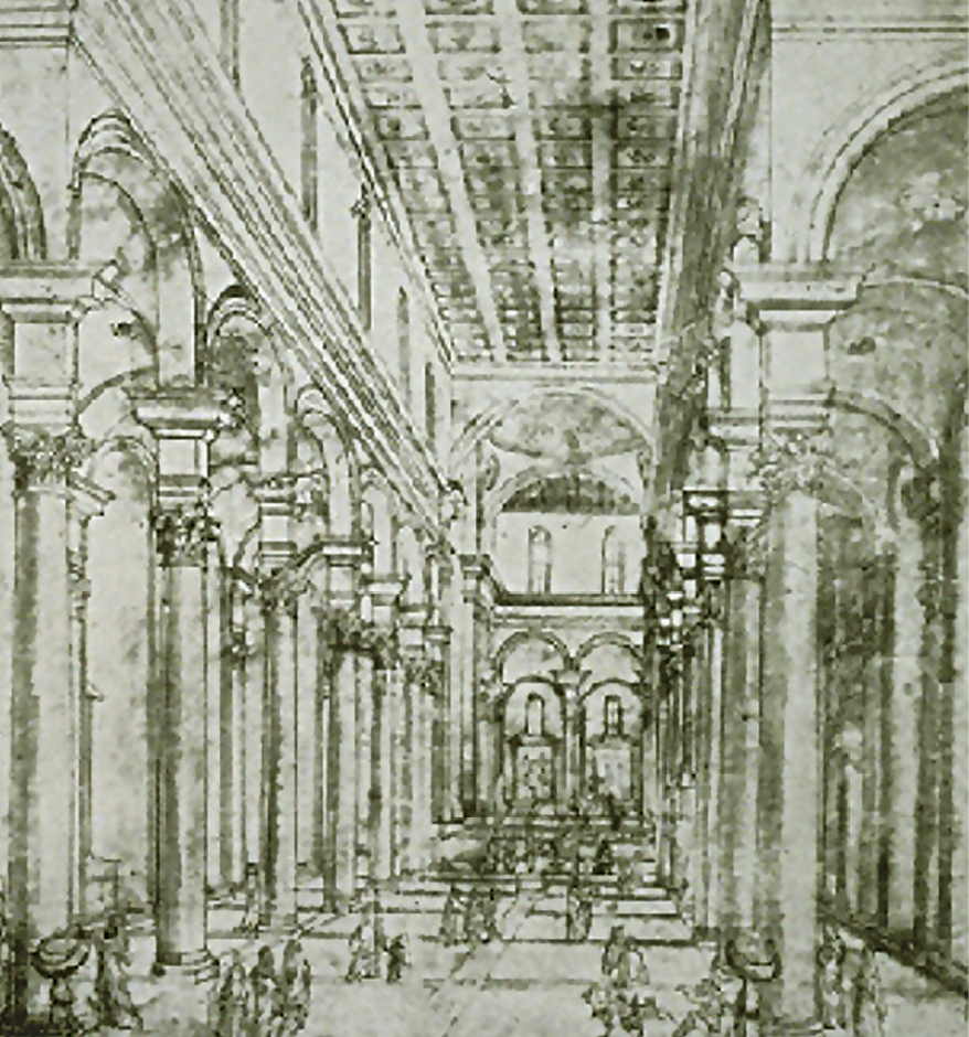 Fotografia. Desenho preto e branco em perspectiva do interior de uma igreja. É possível observar pilares do lado direito e do lado esquerdo que formam arcos na parte superior e uma parte do teto. Há também algumas pessoas circulando.