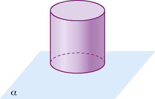 Figura geométrica. Representação do plano alfa na horizontal e acima um cilindro não pertencente a alfa. A base do cilindro é paralela ao plano.