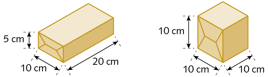 Ilustração. Caixa em formato de paralelepípedo com dimensões de medidas: 10 centímetros de largura, 20 centímetros de comprimento e 5 centímetros de altura. Ao lado, uma caixa em formato cúbico. As arestas medem 10 centímetros de comprimento.