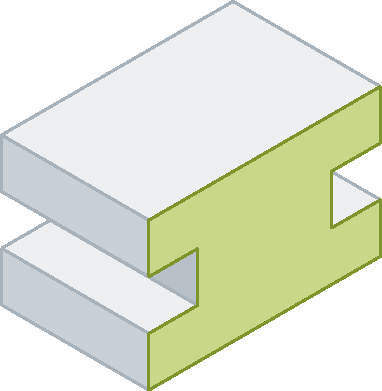 Figura geométrica. Sólido geométrico com formato de prisma. A base é verde e é um polígono não convexo que lembra o formato achatado da letra I maiúscula.
