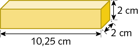 Figura geométrica. Paralelepípedo amarelo com dimensões de medidas: 2 centímetros de largura, 10,25 centímetros de comprimento e 2 centímetros de altura.