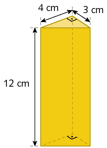 Figura geométrica. Prisma de base triangular amarelo com altura medindo 12 centímetros. O triângulo das bases é retângulo e os lados que formam o ângulo reto tem medidas de comprimento 4 centímetros e 3 centímetros.