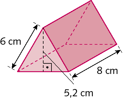 Figura geométrica. Prisma de base triangular vermelho com altura medindo 8 centímetros. O triângulo das bases é equilátero e tem altura medindo 5,2 centímetros e lados com comprimento medindo 6 centímetros.