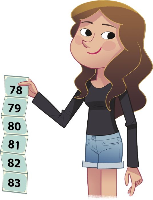 Ilustração. Menina branca de cabelos castanhos vestindo camiseta preta e shorts azul, na mão direita ela segura um papel vertical com os números 78, 79, 80, 81, 82, 83.