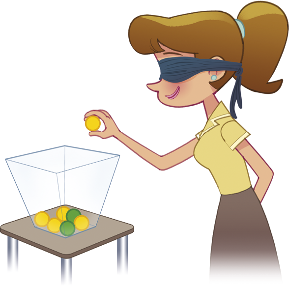 Ilustração. À esquerda, urna transparente com bolinhas verdes e amarelas sobre uma mesa. À direita, mulher branca vendada vestindo camiseta amarela e saia marrom, ela tira uma bolinha amarela da urna.