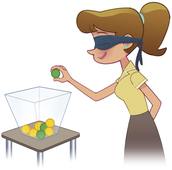 Ilustração. À esquerda, urna transparente com bolinhas verdes e amarelas sobre uma mesa. À direita, mulher branca vendada vestindo camiseta amarela e saia marrom, ela tira uma bolinha verde da urna.