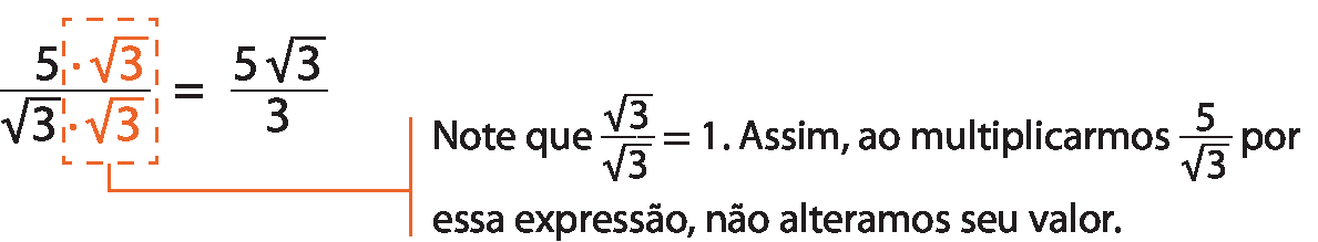 Esquema. Sentença matemática. Fração, numerador, 5 vezes raiz quadrada de 3, denominador: raiz quadrada de 3 vezes raiz quadrada de 3, igual a fração, numerador: 5 raiz quadrada de 3, denominador: 3. Há uma indicação partindo da raiz quadrada de 3 do numerador da primeira fração e da raiz quadrada de 3 do numerador da primeira fração, escrito: Note que, raiz de 3 sobre raiz de 3 é igual a 1. Assim, ao multiplicarmos 5 sobre raiz de 3 por essa expressão, não alteramos seu valor.