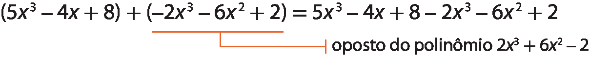Esquema. Abre parênteses, 5 x elevado a 3, fim do expoente, menos 4x, mais 8, fecha parênteses, mais, abre parênteses, menos 2 x elevado a 3, fim do expoente, menos 6 x elevado ao quadrado, mais 2, fecha parênteses, é igual a 5 x elevado a 3, fim do expoente, menos 4x mais 8 menos 2 x elevado a 3, fim do expoente, menos 6 x elevado ao quadrado, mais 2. Abaixo de menos 2 x elevado a 3, fim do expoente, menos 6 x elevado ao quadrado, mais 2, chave laranja com indicação: oposto do polinômio 2 x elevado a 3, fim do expoente, mais 6 x elevado ao quadrado, menos 2.
