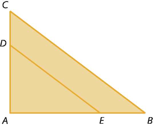 Figura geométrica. Triângulo alaranjado ABC, interno ao triângulo ABC, o triângulo retângulo alaranjado ADE.