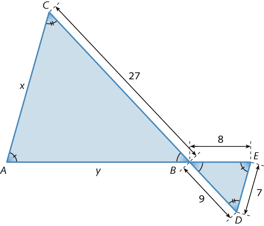 Figura geométrica. À direita o triângulo ABC. Medida do lado AB, y. Medida do lado BC, 27. Medida do lado AC, x. O ângulo CAB está marcado com um arco e um traço, o ângulo ACB está marcado com um arco e dois traços, o ângulo CBA está marcado com um ângulo. À esquerda, conectado ao triângulo ABC o triângulo BDE. Medida do lado BD, 9. Medida do lado DE, 7. Medida do lado EB, 8.