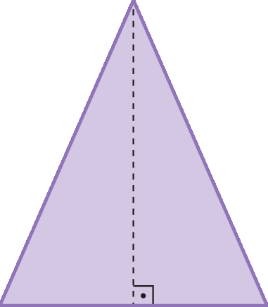 Figura geométrica. Triângulo isósceles, com sua altura indicada por um segmento de reta pontilhado e o Ângulo reto demarcado.