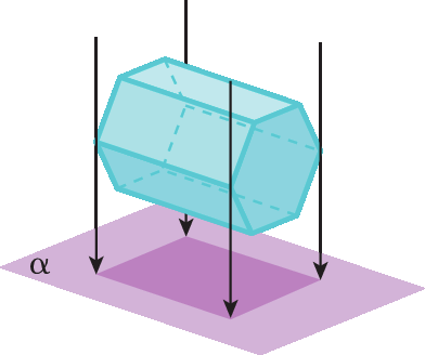 Figura geométrica. Prisma de base hexagonal deitado, azul, sendo projetado sobre um plano alfa roxo claro. Sua projeção forma um retângulo roxo escuro no plano alfa.