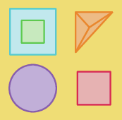 Ilustração. Quadrado amarelo com quadrado azul no canto superior esquerdo, dentro deste quadrado azul há um quadrado verde ao centro. Na parte superior direita dentro do quadrado maior amarelo, há triângulo laranja com 3 segmentos de reta que saem dos vértices e se encontram no interior do triângulo. Há um círculo roxo na parte inferior esquerda e um quadrado rosa à direita.