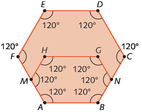 Figura geométrica. Hexágono ABCDEF regular com ângulos internos cujas medidas de abertura são iguais a 120 graus cada. Dentro, hexágono ABNMGH irregular com ângulo internos cujas medidas de aberturas são iguais a 120 graus cada.
O vértice M do hexágono de dentro está posicionado no ponto médio do lado AF do hexágono de fora.
O vértice N do hexágono de dentro está posicionado no ponto médio do lado BC do hexágono de fora.
Os lados AM, MH, GN e NB do hexágono  de dentro tem a metade da medida de comprimento dos lados HG e AB.
Os lados HG e AB do hexágono de dentro tem medidas de comprimento iguais às do hexágono de fora.