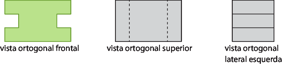 Figura geométrica. Polígono irregular de 10 lados. Legenda: vista ortogonal frontal. Figura geométrica. Retângulo cinza com duas linhas verticais tracejadas dividindo-o em 3 partes (as duas menores iguais e a maior e central, diferente. Legenda: vista ortogonal superior. Figura geométrica. Retângulo cinza com duas linhas horizontais dividindo-o em 3 partes iguais.
Legenda: vista ortogonal lateral esquerda.