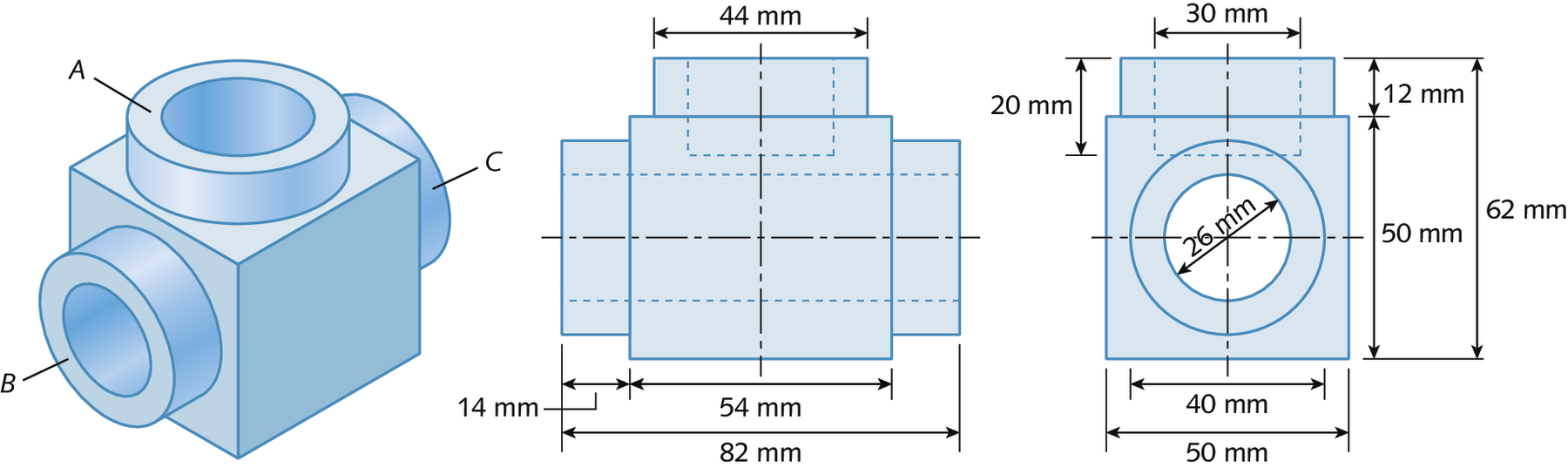 Esquema. Representação de uma peça em formato de cubo e três saídas arredondadas: indicação das cotas A na parte de acima, B à esquerda e C na parte de trás. Ao lado, a representação de uma das vistas ortogonais da peça, sendo composta por um retângulo, cujo lado maior está na horizontal mede 44 milímetros de comprimento. Abaixo, há um retângulo centralizado verticalmente e justaposto ao anterior. Seu lado maior está na horizontal e mede 54 milímetros de comprimento. Do lado esquerdo há um retângulo justaposto e do lado direito outro igual, também justaposto, sendo os três centralizados horizontalmente. Os lados menores desses retângulos iguais medem 14 milímetros de comprimento e são horizontais. O comprimento de seus lados maiores são menores do que o retângulo central. À direita, há a representação de outra vista ortogonal da peça. Um quadrado com lados medindo 50 milímetros de comprimento. No centro do quadrado há uma circunferência cujo diâmetro mede 26 milímetros. Outra circunferência, concêntrica a essa, é apresentada e seu diâmetro mede 40 milímetros.  Justaposto ao quadrado, há um retângulo centralizado verticalmente a ele. Seu lado menor mede 12 milímetros de comprimento e é vertical. O outro lado, justaposto ao quadrado tem  medida de comprimento menor que a do lado do quadrado. A altura total da figura, lados do quadrado e do retângulo juntos, mede 62 milímetros. Há um retângulo tracejado com lados medindo 30 e 20 milímetros de comprimento, posicionado na parte de cima da figura.