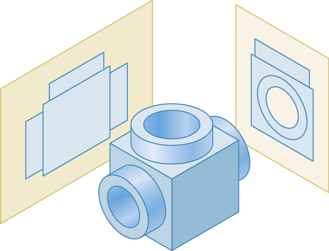 Ilustração. Representação da peça da página anterior. Ao lado esquerdo há um plano com a projeção ortogonal, correspondente a uma das figuras do esquema da página anterior e, ao lado direito há outro plano, ortogonal ao plano anterior, com a projeção ortogonal correspondente a outra figura do esquema da página anterior.