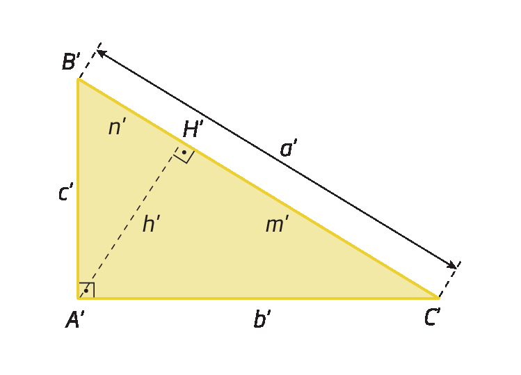 Figura geométrica. Triângulo retângulo amarelo A linha B linha C linha, reto no vértice A linha. Segmento de reta  tracejado do vértice A linha ao ponto H maiúsculo linha, pertencente ao lado B linha C linha do triângulo, com o ângulo reto e a medida de comprimento h minúsculo linha indicados. A medida de comprimento de B linha H linha é n linha e a de H linha C linha é m linha. As medidas de comprimento dos lados são: de A linha B linha, c minúsculo linha; de A linha C linha, b minúsculo  linha; e de B linha C linha, a minúsculo linha.