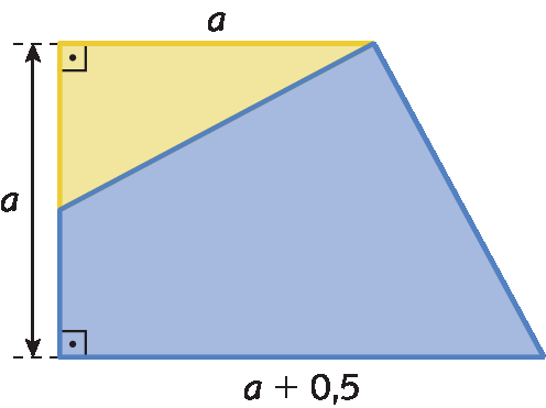 Ilustração. Trapézio retângulo composto por um triângulo retângulo amarelo e um quadrilátero azul. Um dos lados paralelos mede a mais 0,5 e o outro lado paralelo mede a. E um lado não paralelo mede a.