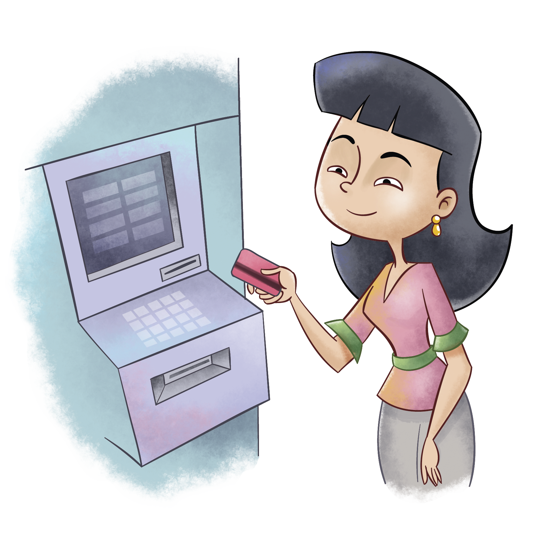 Ilustração. Mulher branca de cabelo preto e blusa rosa segura um cartão ao lado de um caixa eletrônico.