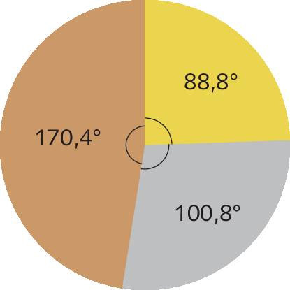 Ilustração. Círculo dividido em 3 setores: um na cor marrom com abertura de ângulo medindo 170,4 graus; um na cor cinza, com abertura do ângulo medindo 100,8 graus e outro na cor amarela, co abertura do ângulo medindo 88,8 graus.