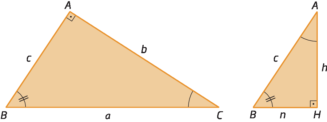 Ilustrações.  À esquerda, o triângulo retângulo ABC com o ângulo reto em A. A medida do comprimento do cateto AB está representada por c. A medida do comprimento do cateto AC está representada por b. A medida do comprimento da hipotenusa BC está representada por a. O Ângulo ABC está marcado com um arco e dois traços. O ângulo ABC está marcado com um arco. À direita, triângulo retângulo HBA com reto em H. A medida do comprimento do cateto AH está representada por h. A medida do comprimento do cateto BH, está representada por n. A medida do comprimento da hipotenusa AB está representada por c. O ângulo HAB está marcado com um arco. O ângulo ABH está marcado com um arco e e dois traços.