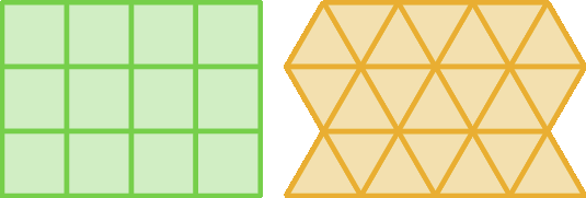 Figura geométrica. Retângulo verde dividido em 3 fileiras de 4 quadrados congruentes cada. Figura geométrica. Figura amarela composta por 3 fileiras de 7 triângulos equiláteros congruentes cada.
