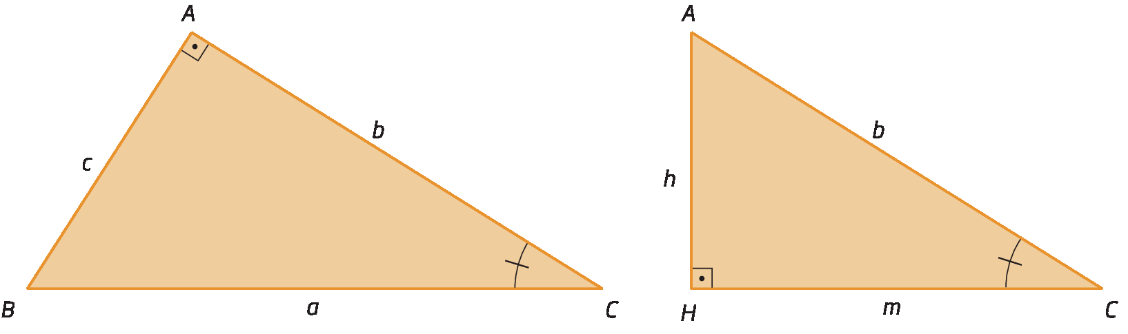 Esquema. À esquerda, o triângulo retângulo ABC com o ângulo reto em A. A medida do comprimento do cateto AB está representada por c. A medida do comprimento do cateto AC está representada por b. A medida do comprimento da hipotenusa BC está representada por a. O Ângulo ACB está marcado com um arco e um traço.
À direita, triângulo retângulo HAC, com o ângulo reto em H. A medida do comprimento do cateto AH está representada por h. A medida do comprimento do cateto CH, está representada por m. A medida do comprimento da hipotenusa AC está representada por b. O ângulo ACH está marcado com um arco e um traço.