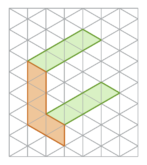 Figura geométrica. Sequência da figura anterior. Malha triangular com figura alaranjada em formato de L e dois paralelogramos verdes.