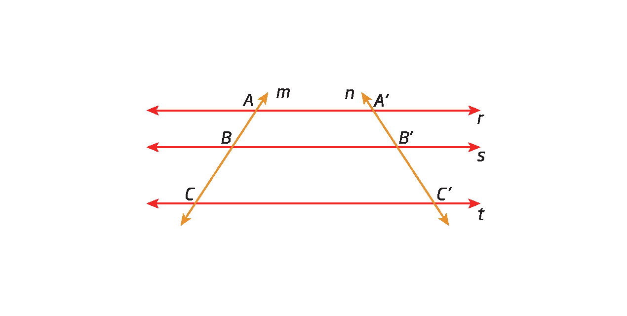 Figura geométrica. Três retas paralelas r, s e t e duas retas transversais m e n. A reta m intercepta as retas r, s e t nos pontos, A, B e C respectivamente. A reta n intercepta as retas r, s e t nos pontos, A linha, B linha e C linha, respectivamente. A medida do comprimento do segmento de reta AB é igual a medida do comprimento do segmento de reta BC.