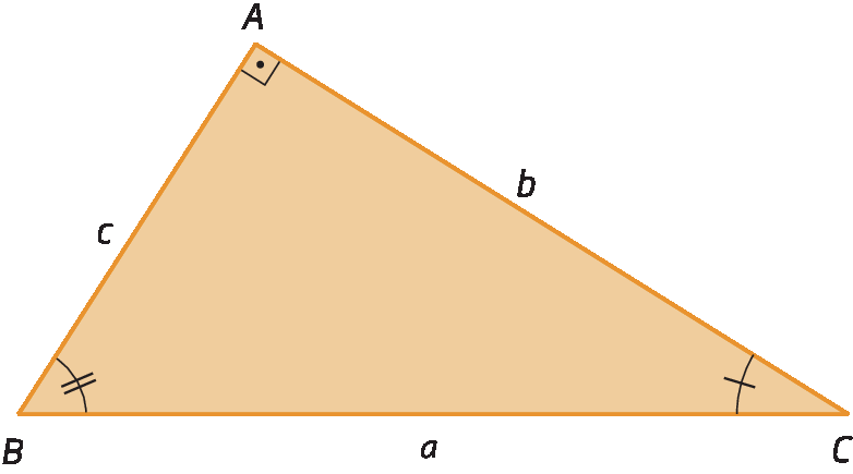 Ilustração. Triângulo retângulo ABC com o ângulo reto em A.  A medida do comprimento do cateto AB está representada por c. A medida do comprimento do cateto AC está representada por b. A medida do comprimento da hipotenusa BC está representada por a. O Ângulo ABC está marcado com um arco e dois traços. O ângulo ACB está marcado com um arco e um traço.
