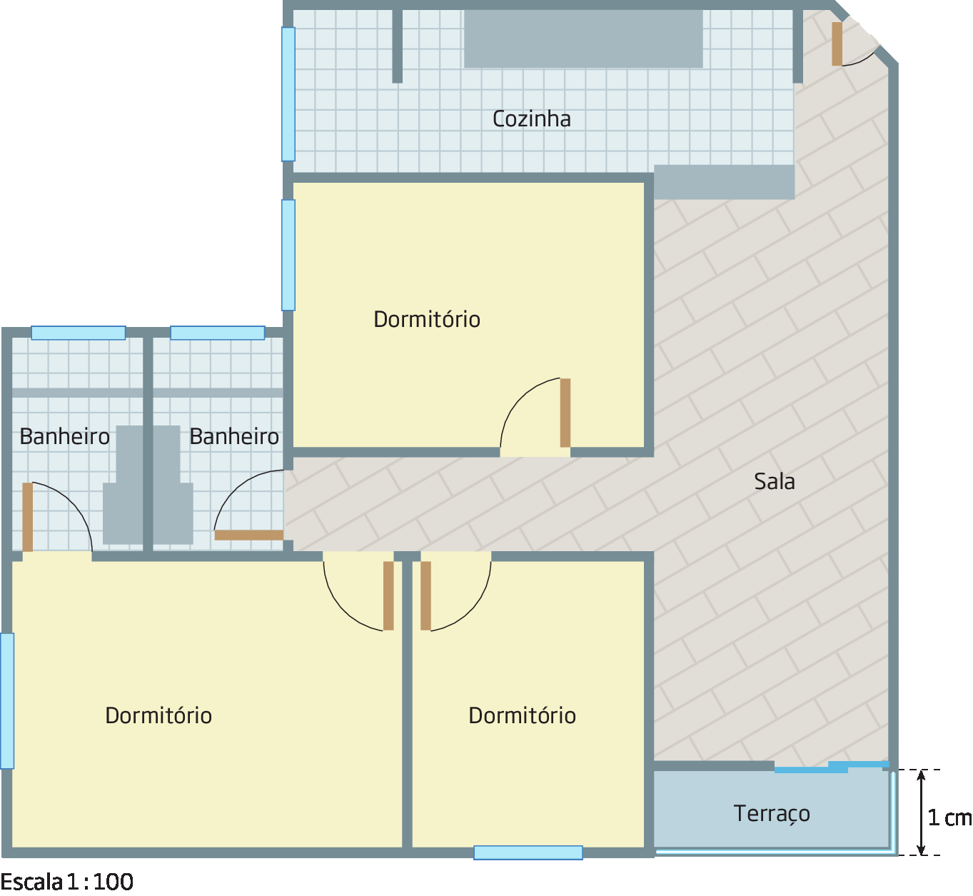 Ilustração. Planta de um apartamento dividido em cozinha, 3 dormitórios, sala, dois banheiros e terraço. Tem indicações das posições de portas e janelas. No canto inferior esquerdo há uma cota indicando a medida da largura do terraço como 1 centímetro. Abaixo Escala 1 para 100.