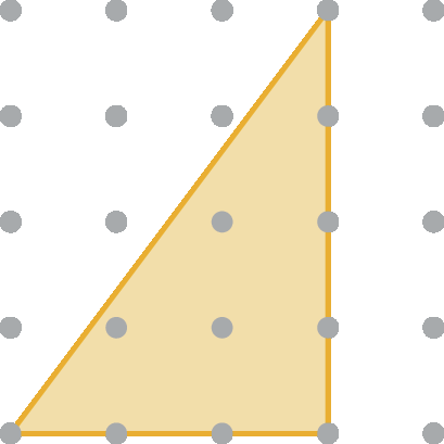 Ilustração. Geoplano formado por 25 pregos dispostos em 5 linhas e 5 colunas, igualmente espaçados. Um triângulo retângulo é formado dentro do geoplano com um elástico. O primeiro vértice do triângulo está localizado no primeiro prego da quinta linha, o segundo vértice do triângulo está localizado no quarto prego da primeira linha e o último vértice está localizado no quarto prego da quinta linha.
