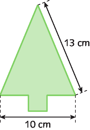 Ilustração. Adesivo verde parecido com uma árvore formada por um triângulo isósceles e um retângulo de altura 3 centímetros. A base do triângulo mede 10 centímetros e o lado mede 13 centímetros.