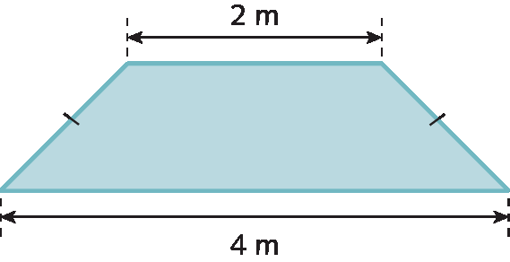 Ilustração. Trapézio com um dos lados paralelos de medida 4 metros e o outro de medida 2 metros. Os lados não paralelos têm a mesma medida.