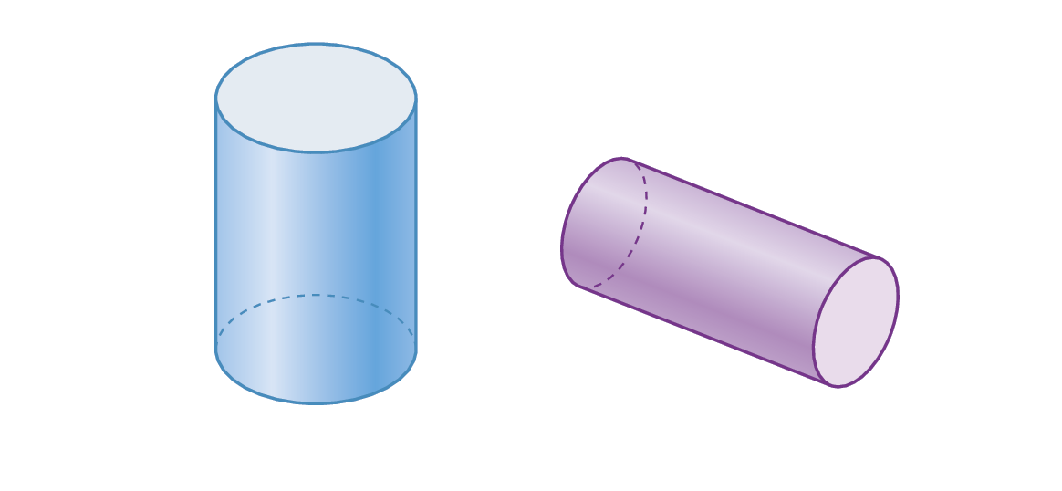 Ilustração. Cilindro azul. As bases estão na posição horizontal. Ilustração. Cilindro lilás. As bases estão na posição vertical.