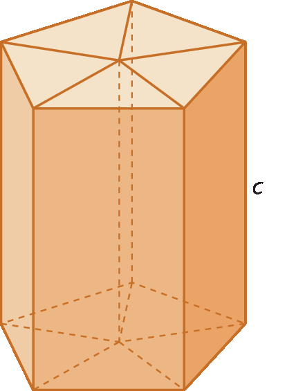 Figura geométrica. Prisma de base pentagonal regular. Os pentágonos das bases estão divididos em 5 triângulos congruentes cujo centro do pentágono é um vértice comum a todos. A altura c está indicada.