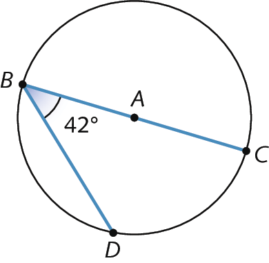 Ilustração. Circunferência de centro A e dois segmentos de reta BC e BD. Os pontos B, C e D pertencem à circunferência. O segmento BC passa pelo centro da circunferência. Destaque para o ângulo CBD de 42 graus formado pelos segmentos BC e BD.