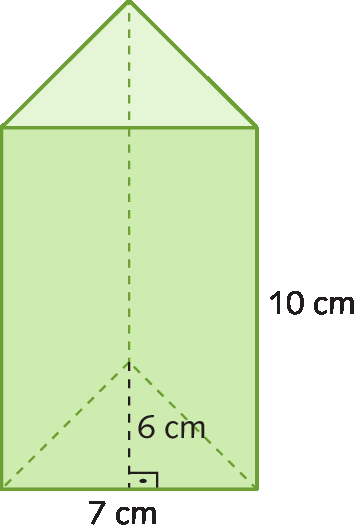 Figura geométrica. Prisma de base triangular. Os triângulos das bases são equiláteros, com altura medindo 6 centímetros e lados 7 centímetros de comprimento. A altura do prisma mede 10 centímetros de comprimento.