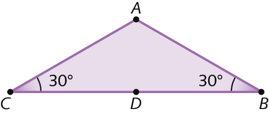 Ilustração. Triângulo isósceles ABC com ponto médio D no lado BC. Destaque para os ângulos ABC, medindo 30 graus, e o ACB, medindo 30 graus.