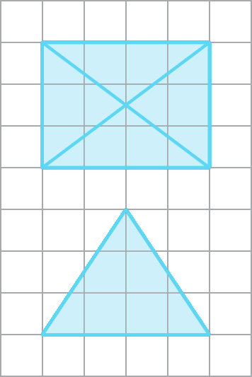Ilustração. Malha quadriculada com 9 linhas e 6 colunas. Dentro da malha duas figuras azuis. Um retângulo com as diagonais em evidência, base medindo 4 quadradinhos e altura medindo 3 quadradinhos, e um triângulo com base medindo 4 quadradinhos e altura medindo 3 quadradinhos.