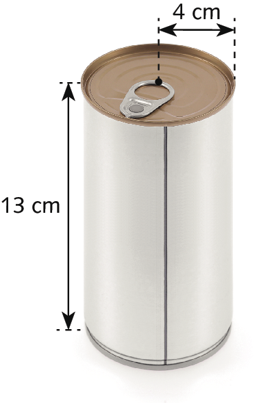 Esquema. Fotografia de uma lata metálica em formato cilíndrico. Estão indicadas as medidas do comprimento do raio da base, 4 centímetros, e da altura da lata, 13 centímetros.