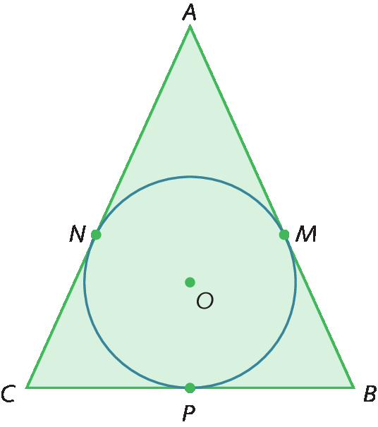 Ilustração. Triângulo ABC com circunferência dentro com centro no ponto O. Circunferência encostra no triângulo nos pontos M, N e P.