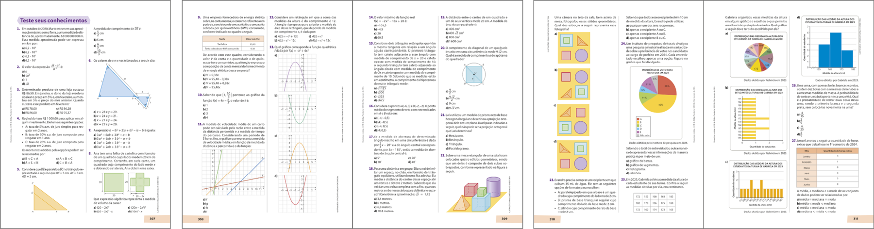 Esquema. Reprodução em tamanho reduzido de páginas da seção Teste seus conhecimentos.  É possível identificar que a seção é composta por questões de múltipla escolha.